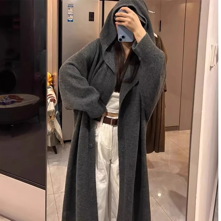 春秋季新款长款开衫女慵懒风加厚韩版宽松深灰色连帽针织外套大衣