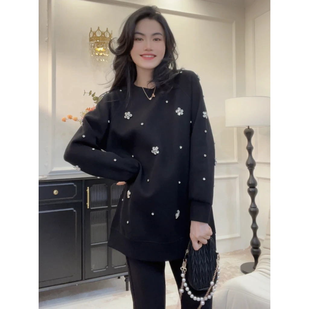 【星空之镜】欧洲站高级感卫衣中长款女秋冬新款收腰宽松卫衣裙pp