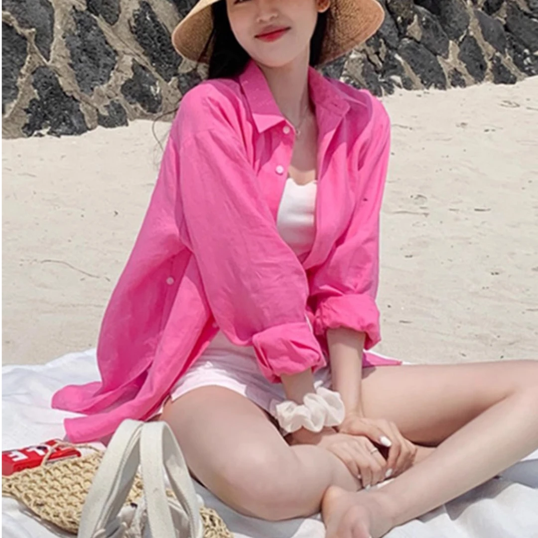 夏季纯棉新款玫红色衬衫女士水洗棉2025年爆款宽松防晒高级感衬衣