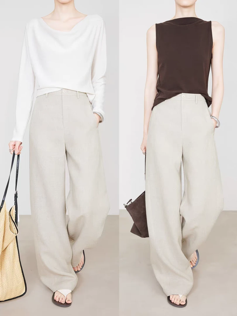L‘Atelier de Lin【100%雨露亚麻】女士夏款14只高密度高克重阔腿裤