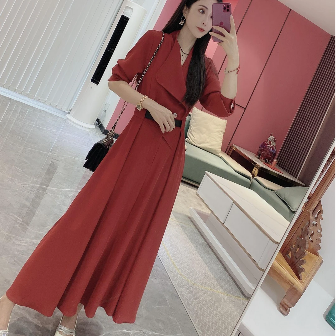 YY（送腰带）翻领气质风衣长款连衣裙3174