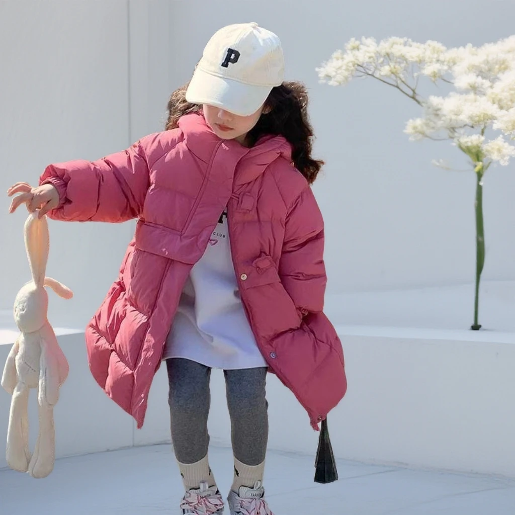 女童中长款羽绒服2025冬季新款儿童连帽宝宝冬装中大童外套加厚
