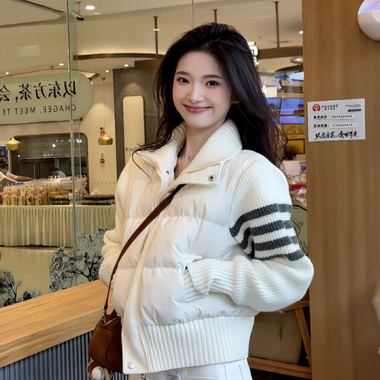 ZS【秋冬新品】棉服女短款时尚百搭轻暖拼接针织加厚保暖外套
