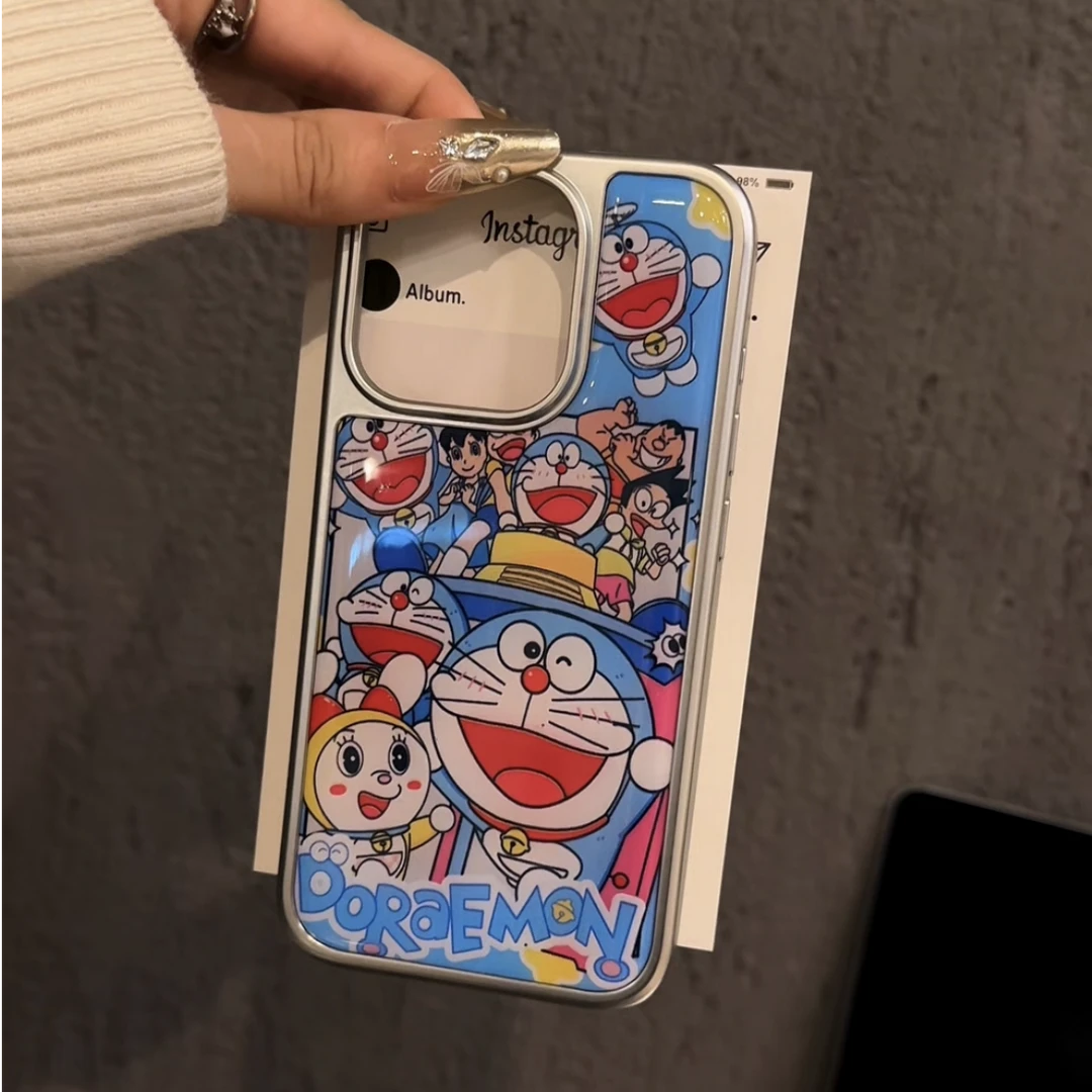 适用苹果16pro电镀大孔相框手机壳华为p70可爱时光机机器猫小米