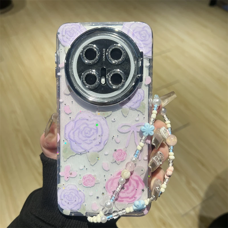 适用华为mate70/60pro+手机壳闪粉紫色玫瑰花朵蝴蝶结pura70女款
