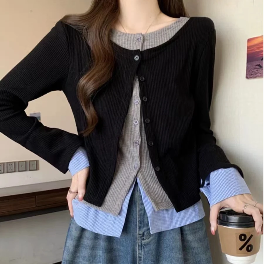 撞色排扣假三件螺纹拼接显瘦上衣（39）
