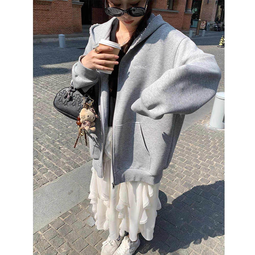 【NAZ微胖大码定制】韩系珍珠连帽刺绣外套