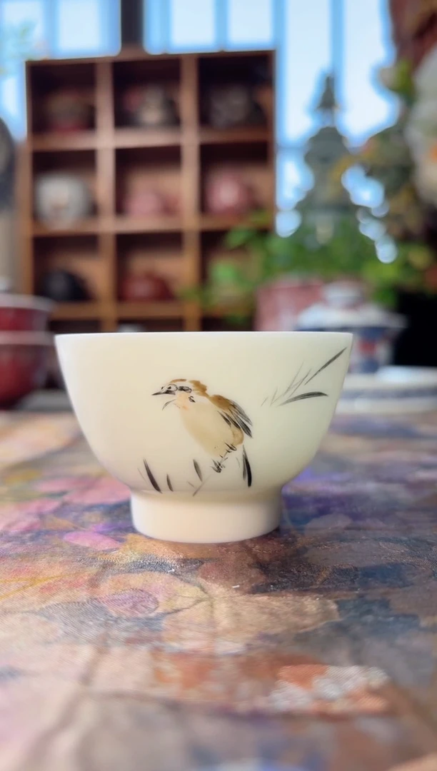 瓷青花手绘小鸟杯釉下五彩