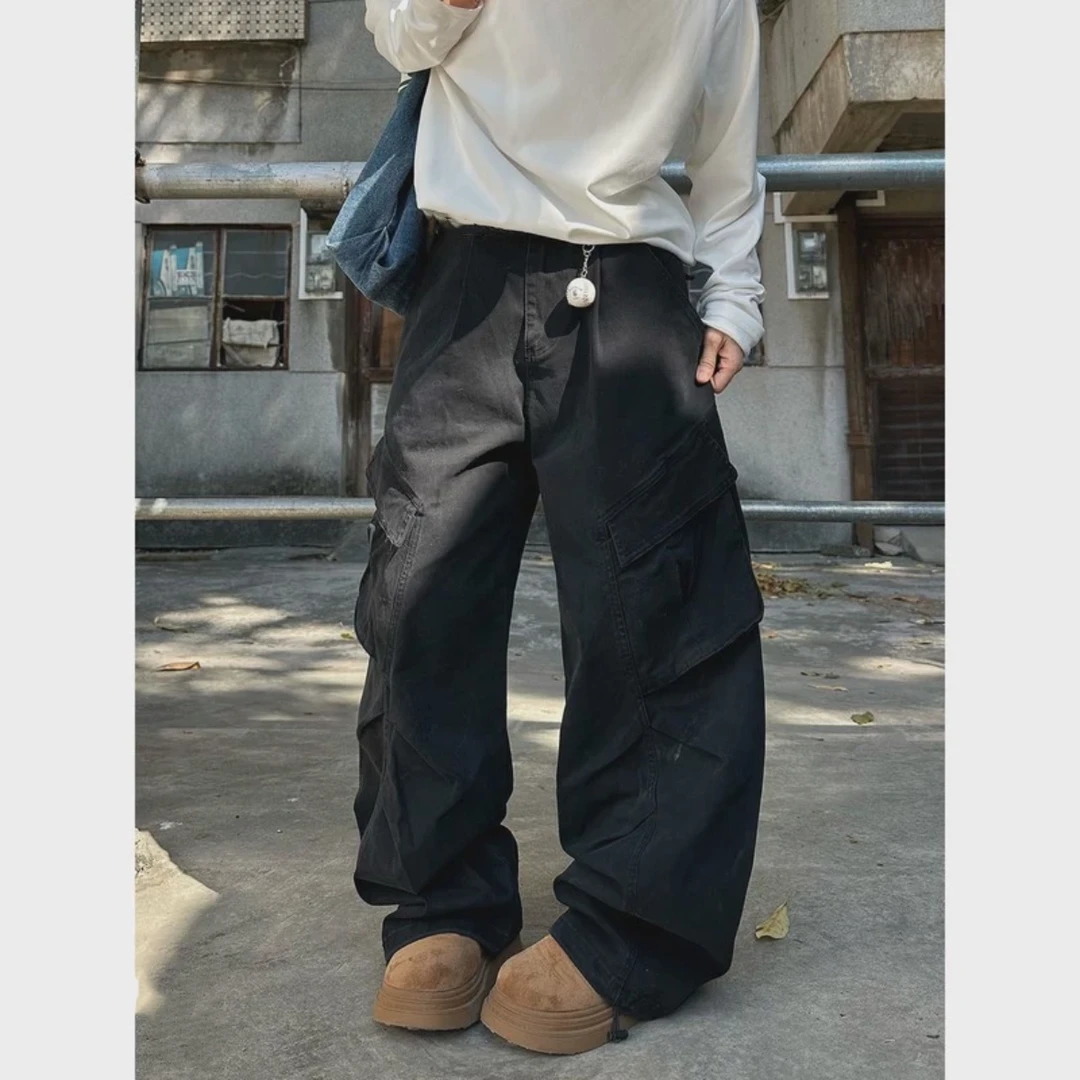 美式复古高街侧边大口袋宽松阔腿工装裤男女解构设计裤子-K25306