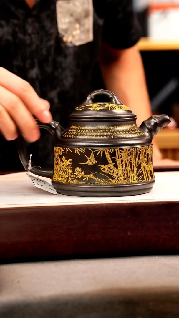 茶壶紫砂石黄 竹鼎 燕子图 描金