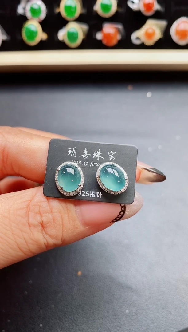 翡翠银S925镶嵌耳饰508055