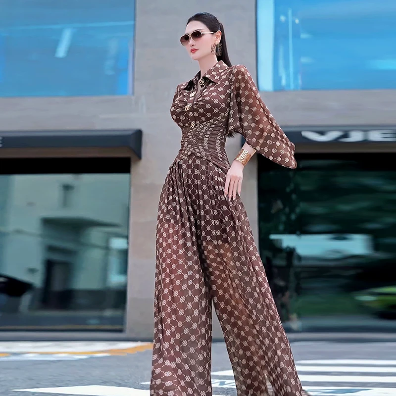 夏季印花显瘦阔腿百褶连体裤2025新款时尚性感连身长裤