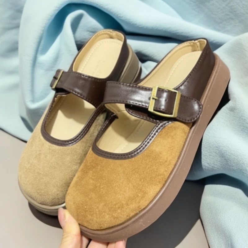 【SiSi】新疆包邮2025夏季新款皮带扣绒面皮包头半拖厚底玛丽珍拖鞋