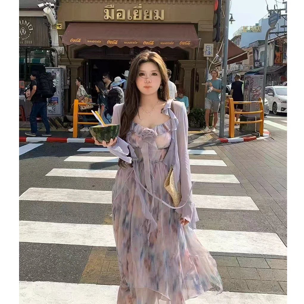 大码胖MM氛围感莫奈花园碎花雪纺裙吊带连衣裙+外搭两件套