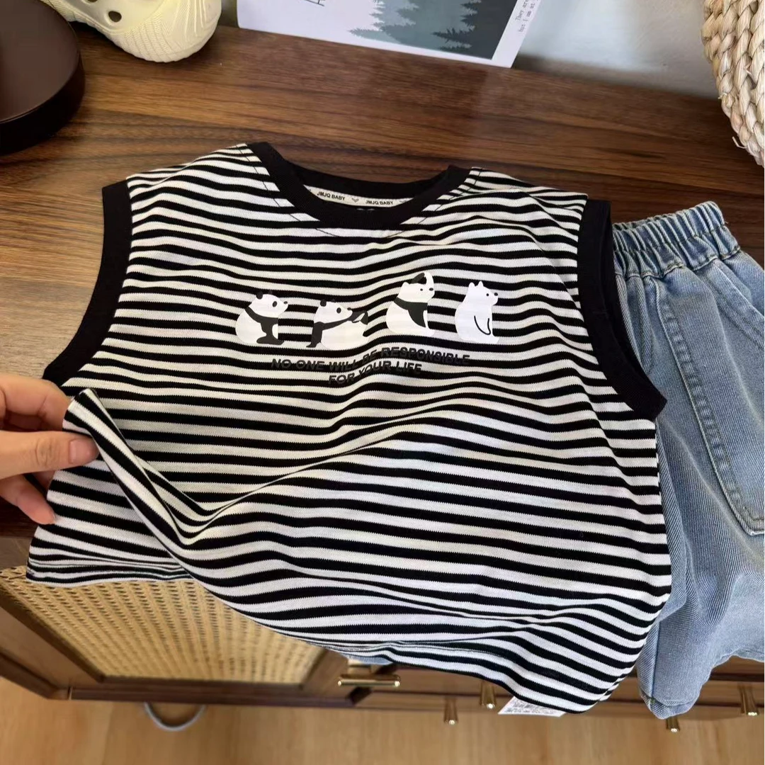 YM【高货 20716】 夏季韩版清爽薄款条纹弹力可爱熊猫儿童无袖背心