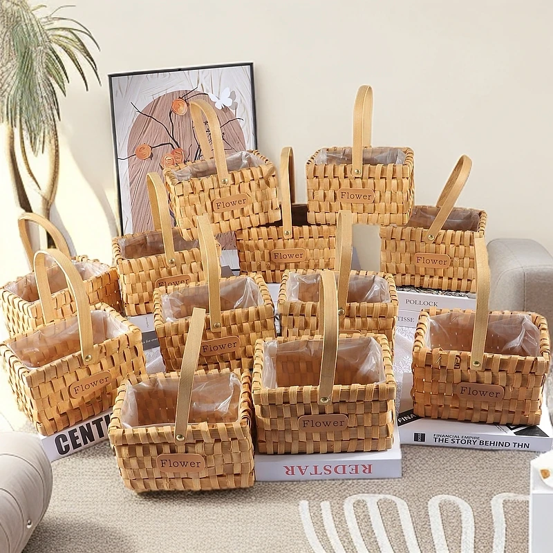 竖编木片长方手提花篮花艺插花闺蜜花篮伴手礼纯手工编织积木迷你