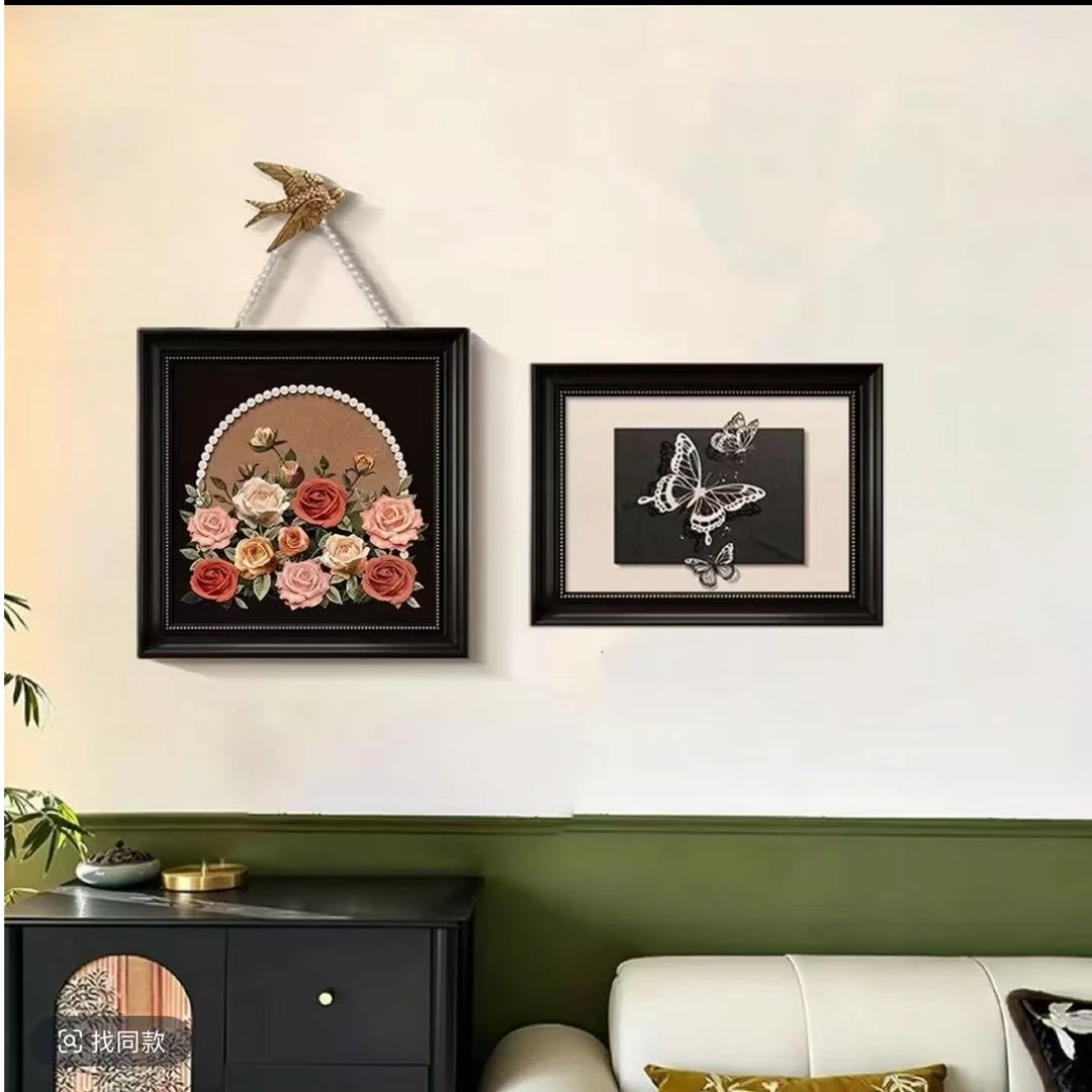 玫瑰古风装饰画蝴蝶法式复古高级客厅挂画奶油沙发背景墙壁画F13