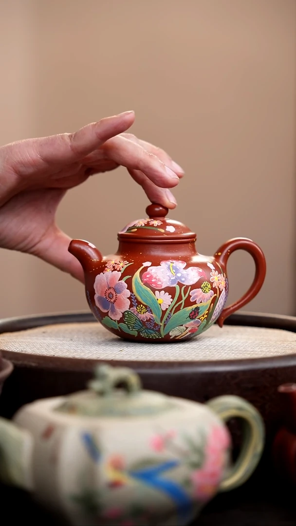 茶壶紫砂朱泥莲子泥绘繁花