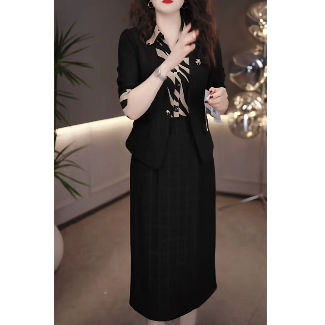 秋装新款时尚两件套连衣裙中长款修身显瘦气质短外套女+打底裙