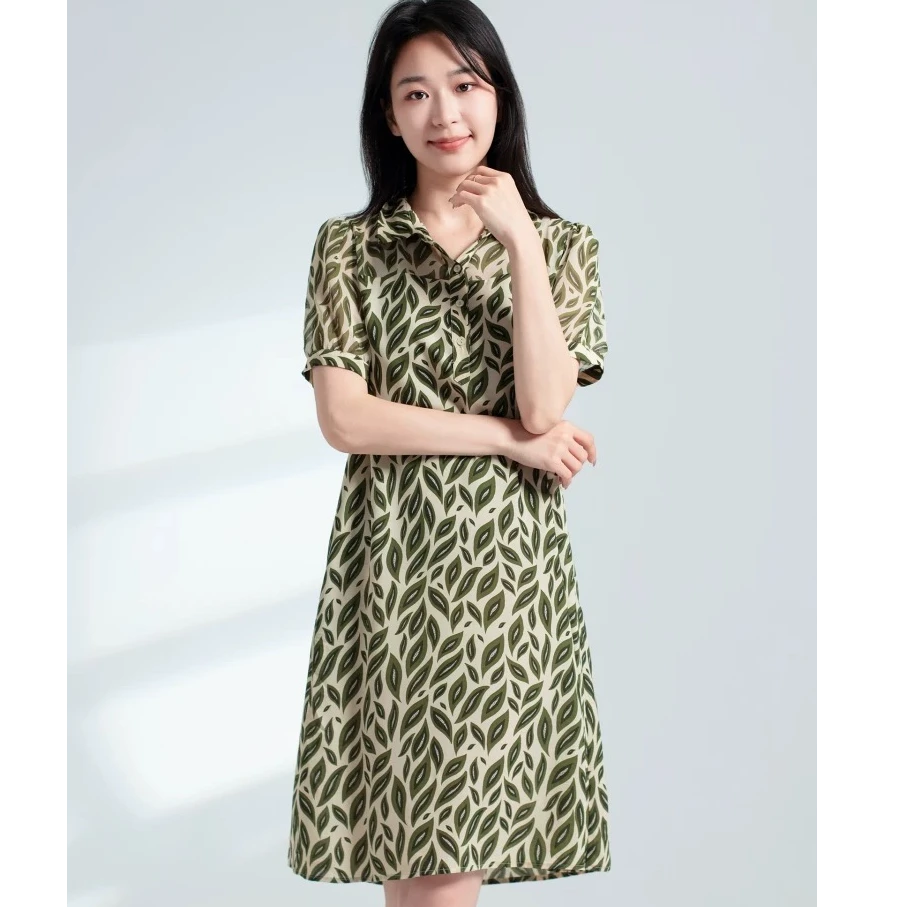 【W922绿色叶子印花】2025优雅百搭洋气款夏季短袖中长款裙