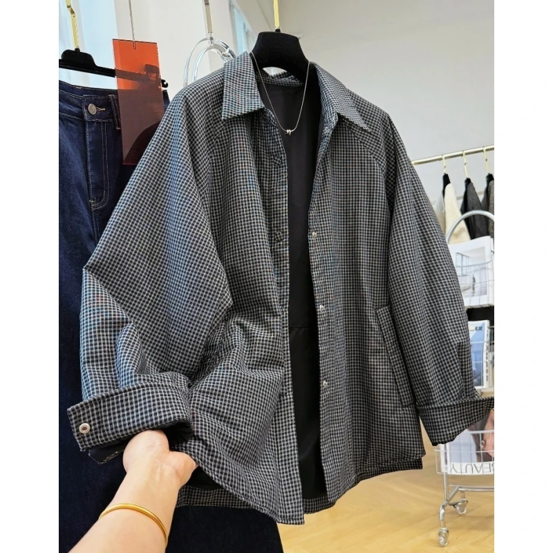 韩系慵懒风宽松休闲复古小格子长袖夹棉衬衫外套女秋冬巨好看上衣