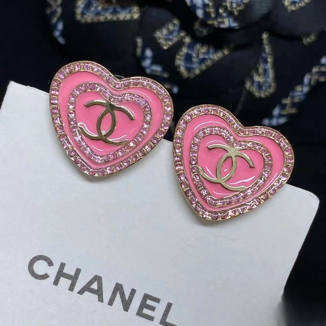 99新 Chanel/香奈儿 24S芭比粉色珐琅爱心双层粉钻双C耳钉