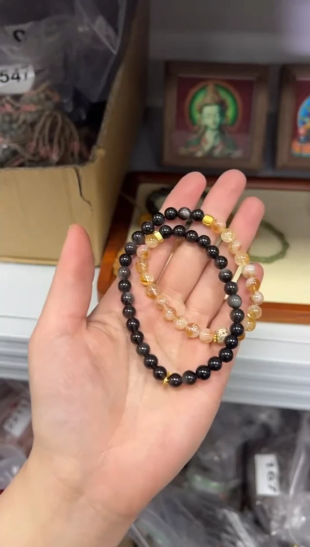 【闪购商品】黑曜岩手链未镶嵌银曜石黄水晶款双圈[963]