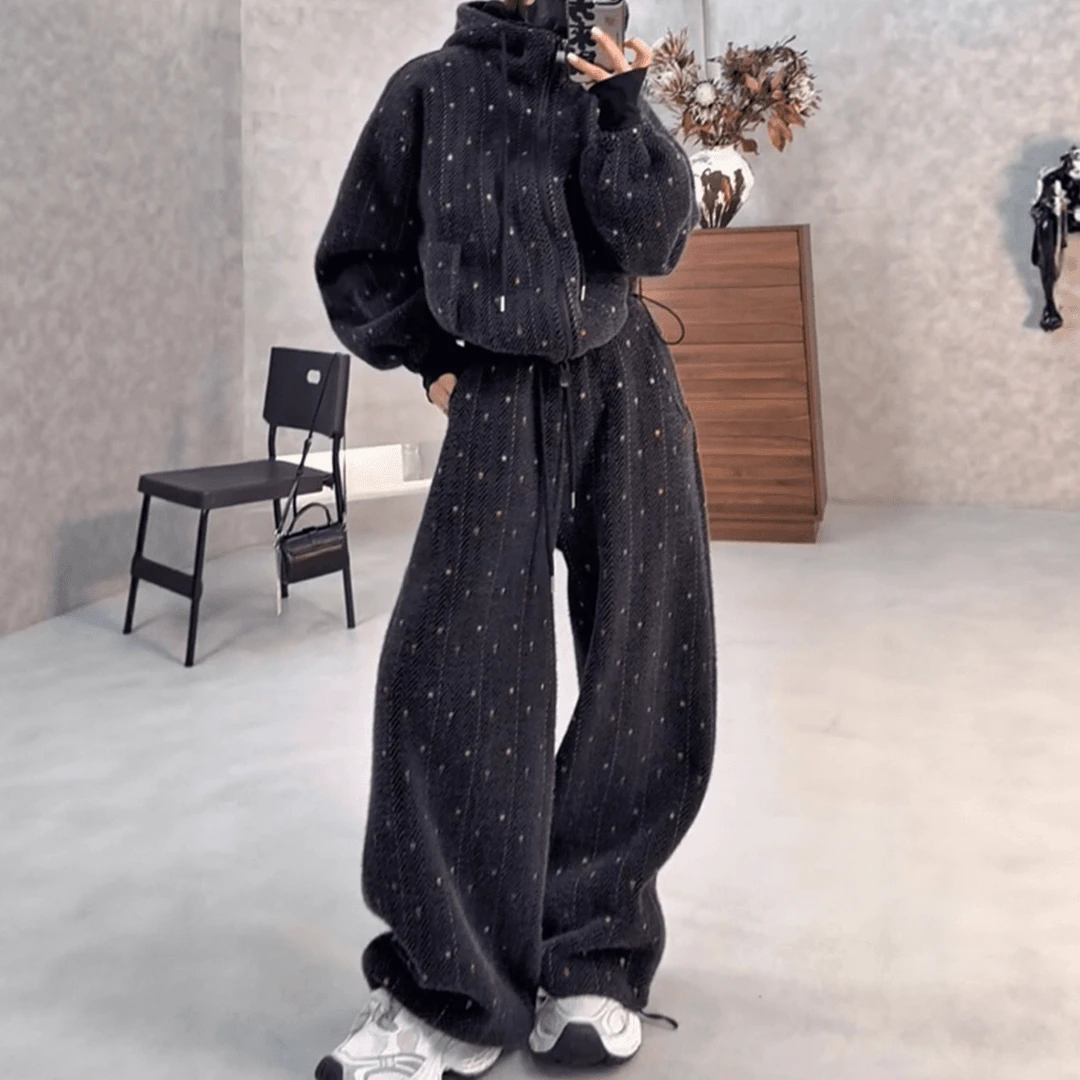 慵懒风秋冬套装女拉链连帽卫衣短外套加绒阔腿长裤加厚保暖两件套