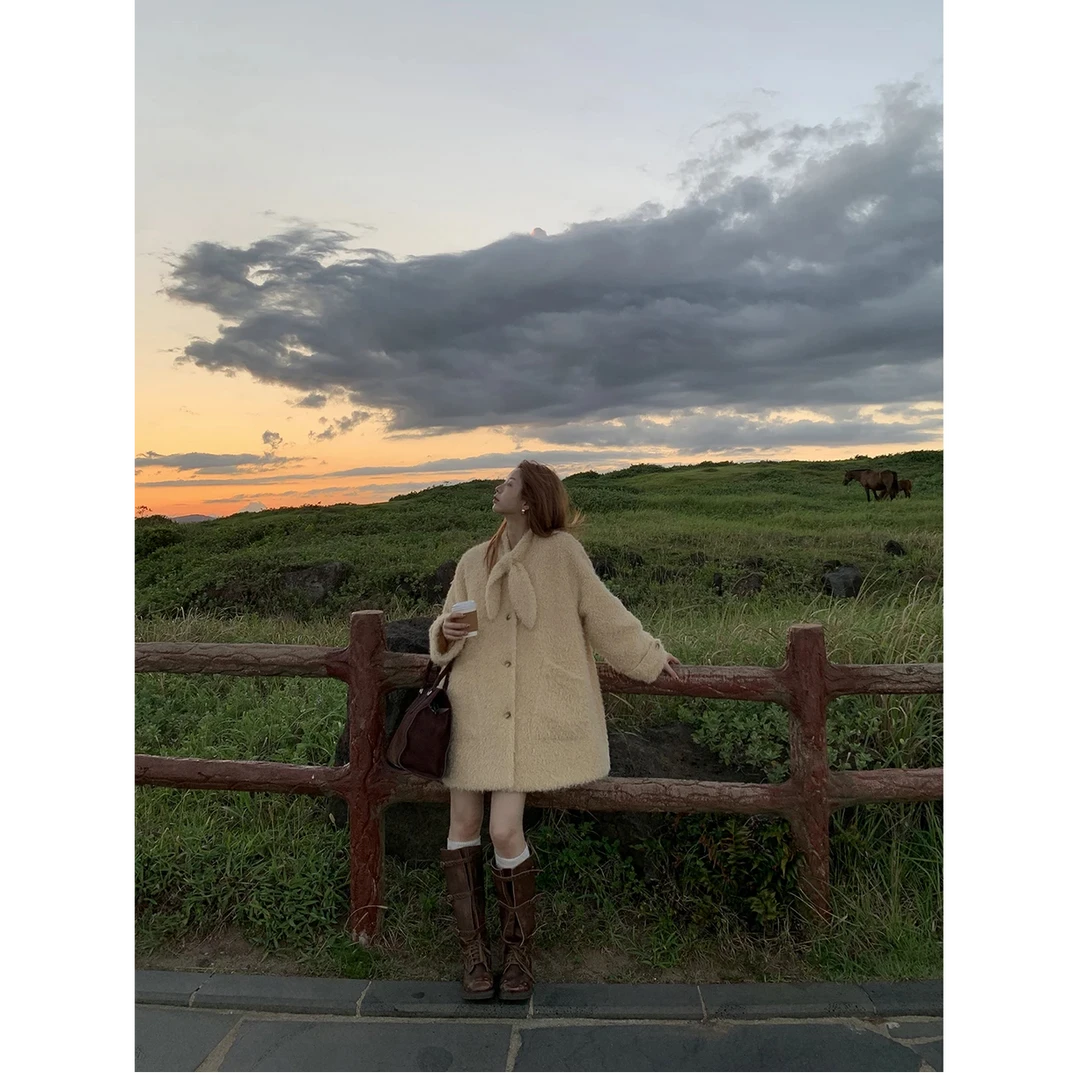 【暖炉烤茶】秋冬韩系甜美糕糕毛宽松毛呢外套