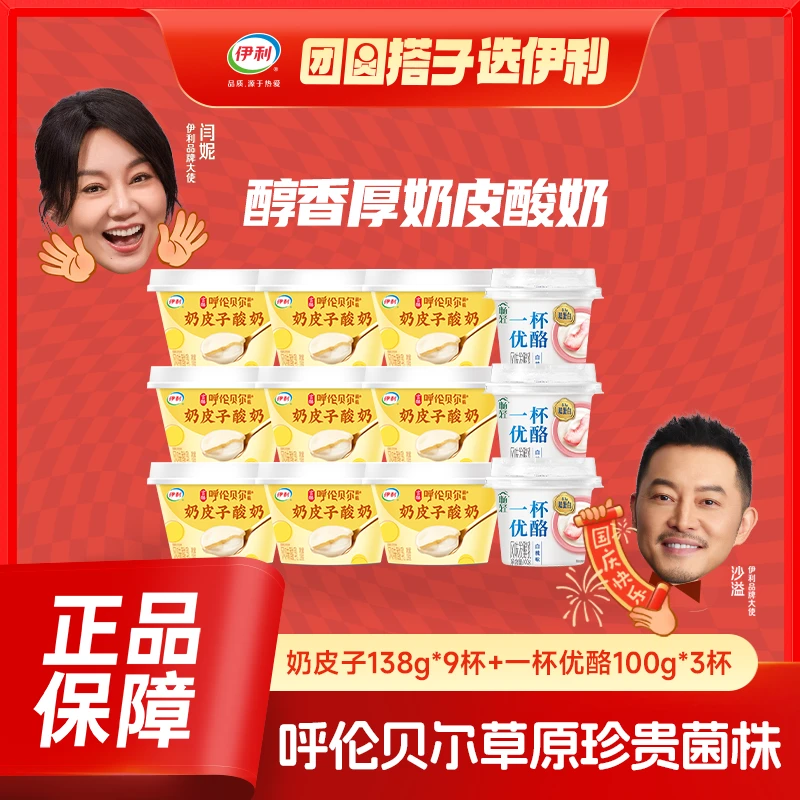 伊利宫酪奶皮子风味酸奶138g*9杯呼伦贝尔菌株+一杯优酪100g*3杯d
