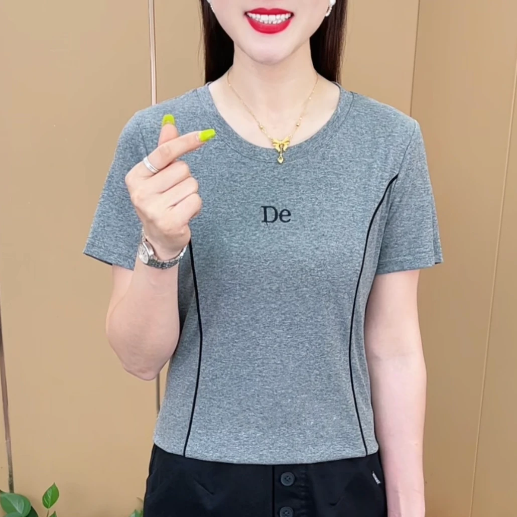 夏季新款时尚圆领纯色韩版T恤休闲洋气气质百搭女士短袖上衣M5587