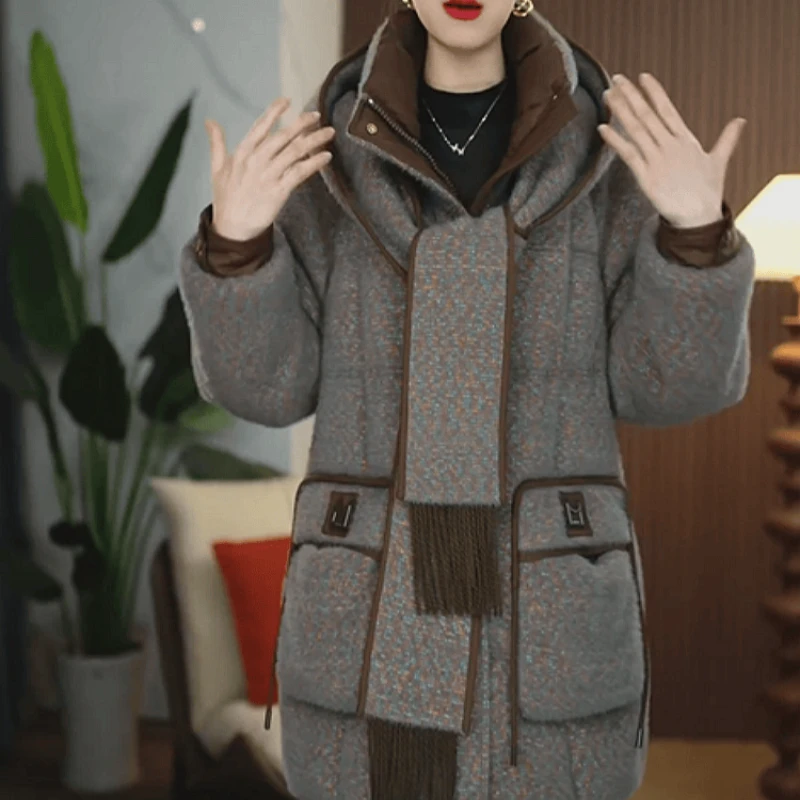 C252【羽绒服】2025冬季新款时尚围巾连帽宽松休闲保暖加厚羽绒服