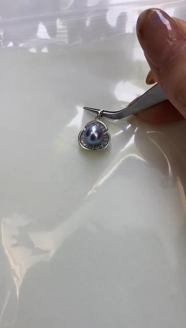 银S925镶嵌DA海水珍珠 GD197 灰珠吊坠7-8MM