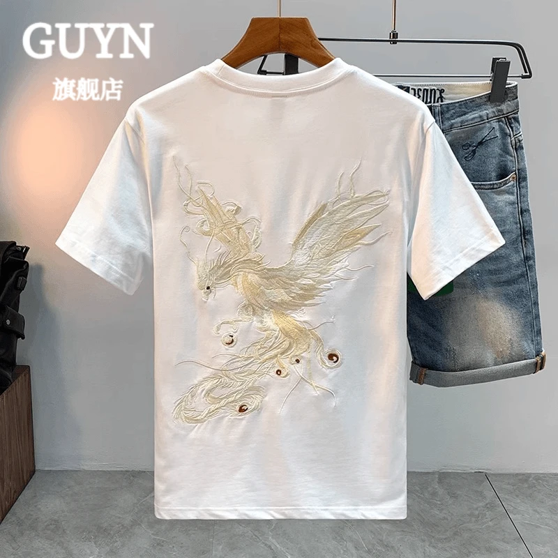 GUYN国潮新中式印花短袖夏季国风凤凰刺绣T恤纯棉宽松半袖男上衣