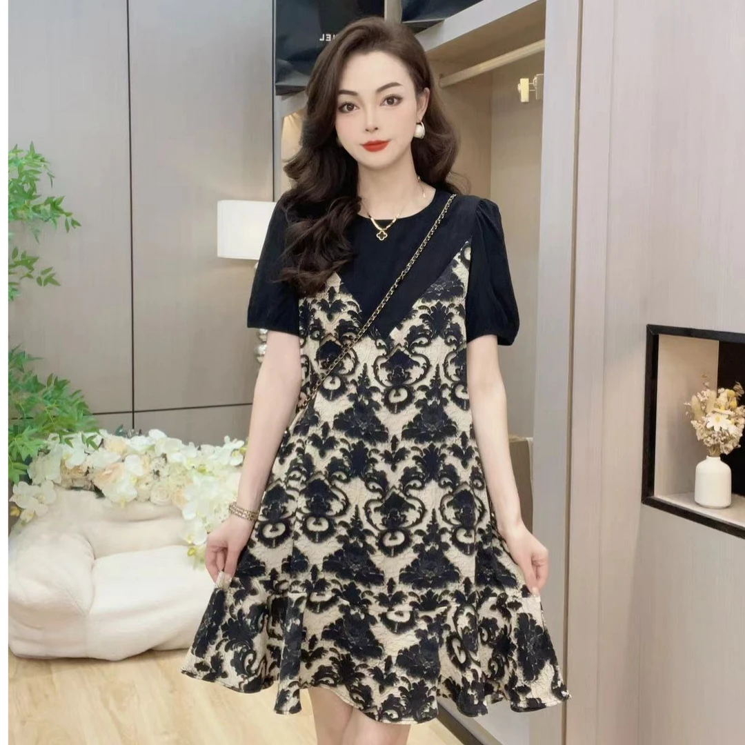 [思思专属]2025夏季新款拼接烫金宽松休闲口袋时尚洋气连衣裙3091