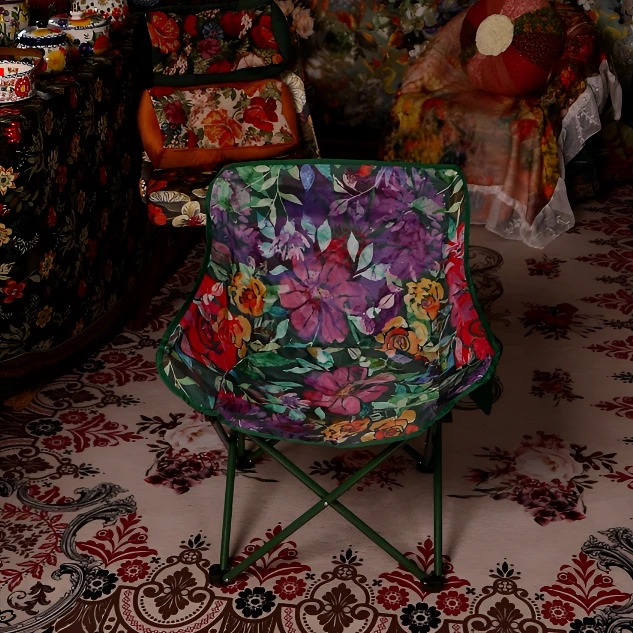 复古花卉时尚露营椅子家用户外用月亮椅钓鱼马扎休闲椅