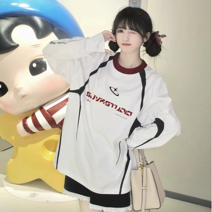 早春美式复古纯棉运动长袖T恤宽松内搭情侣洋气衣服女上衣