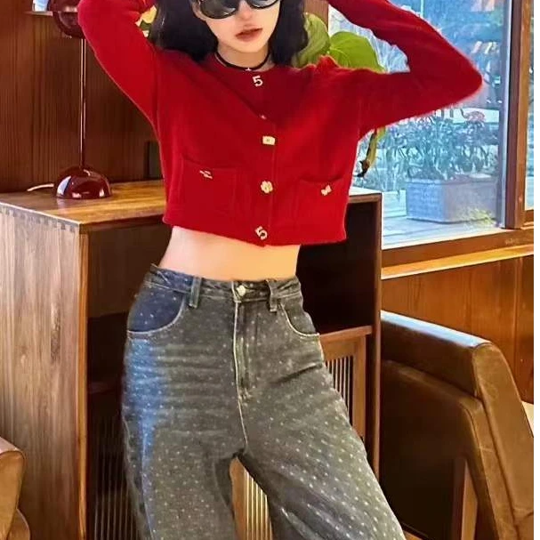 99新 Chanel/香奈儿 38码22B枚红色多元素纽扣长袖短款针织开衫