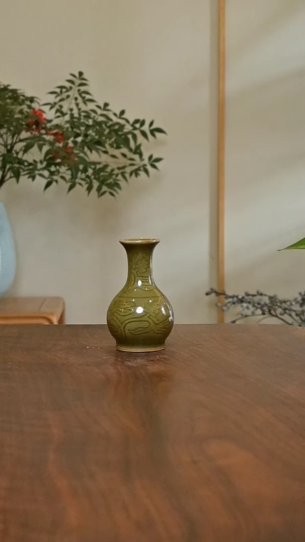 鹅颈瓶 矿石釉 微瑕 朱家汝窑款