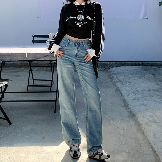 浅蓝窄版直筒牛仔裤2025年春夏季新爆款高腰宽松显瘦阔腿拖地裤子