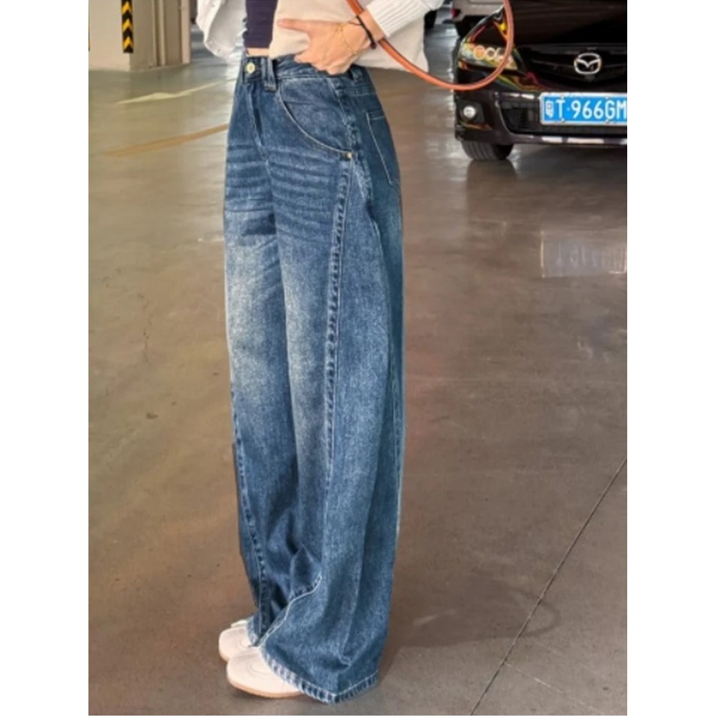 大码女装肥妹妹mm复古阔腿牛仔秋季高腰宽松显瘦遮挎长裤子200斤