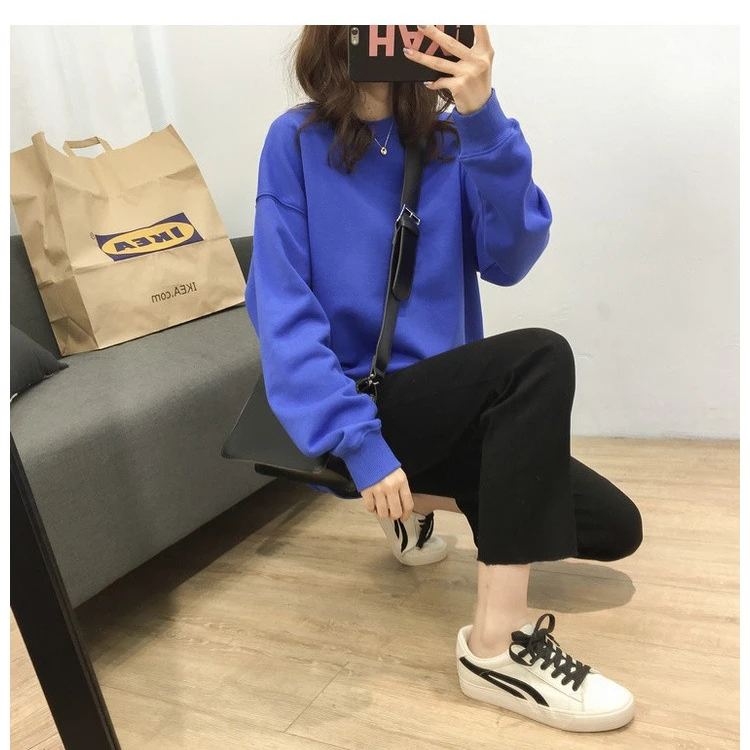 宽松慵懒纯色圆领套头加绒卫衣女秋冬显瘦棉质长袖上衣外套潮AY36