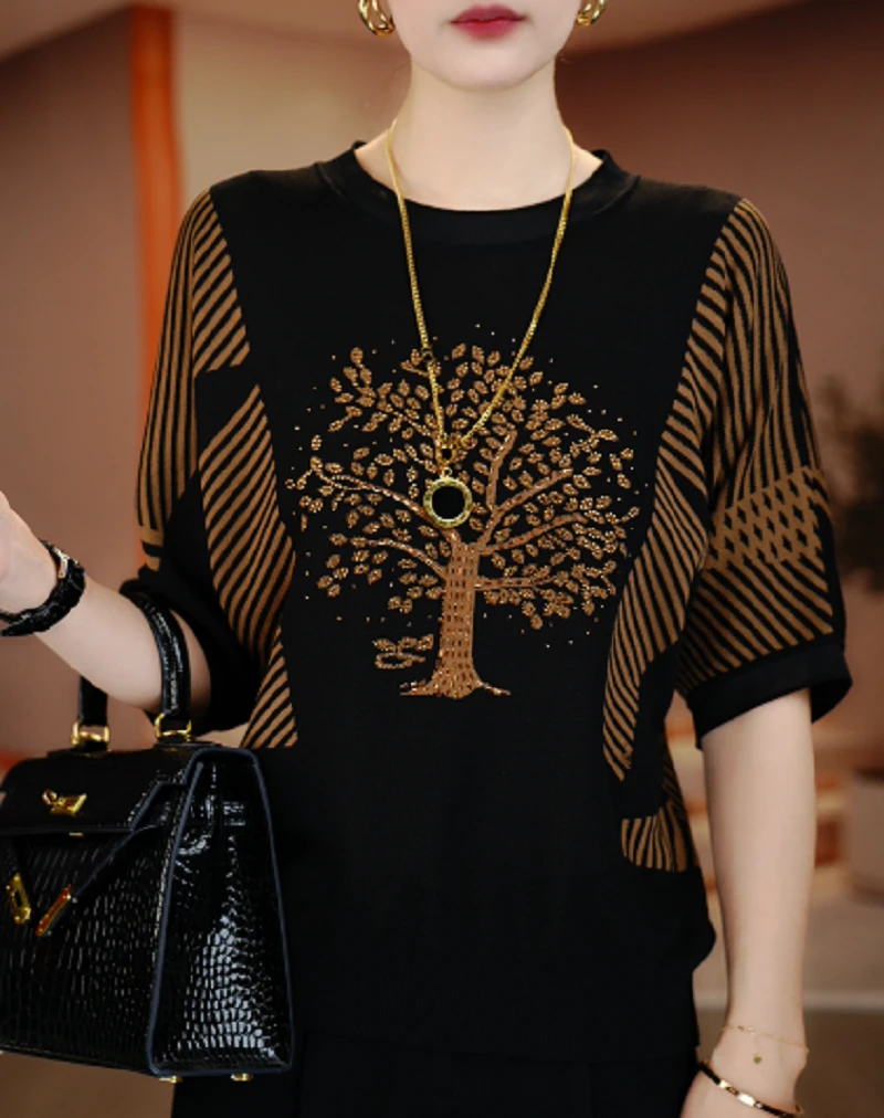 诺诗 夏季针织短袖上衣舒适透气轻奢气质印花V24Q9002