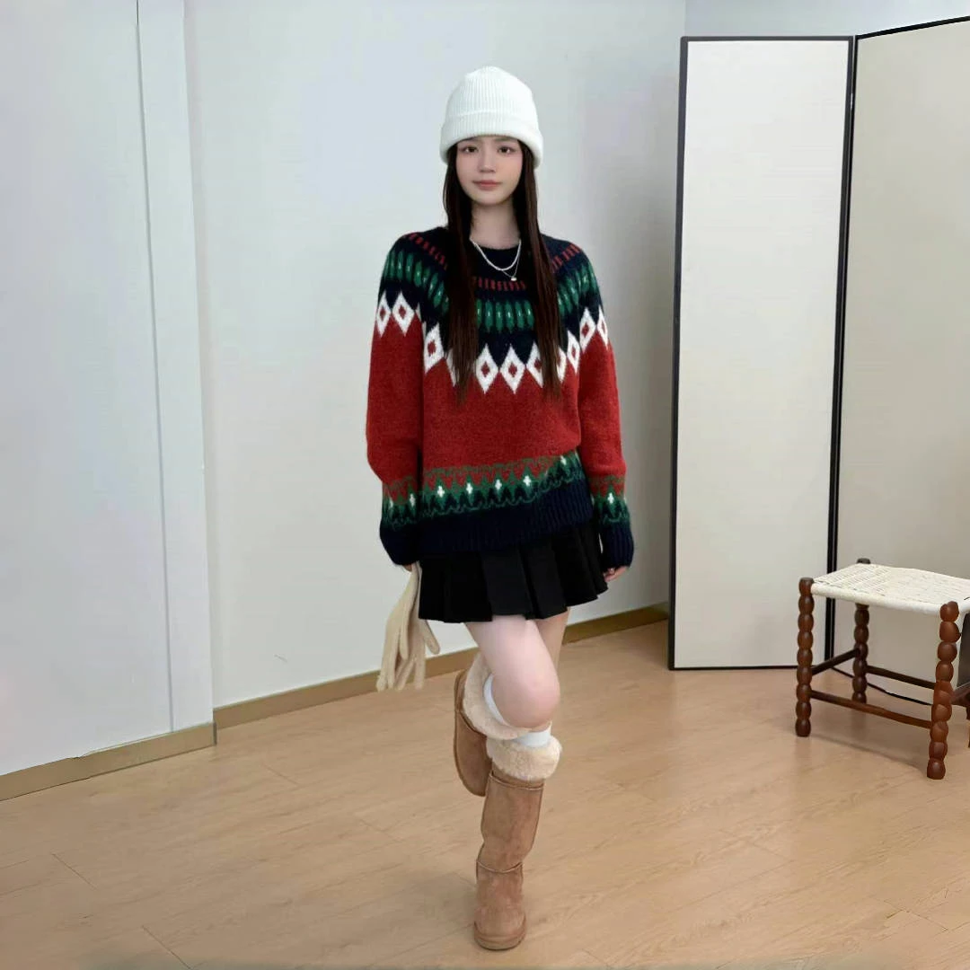 秋冬复古针织设计感厚款毛衣内搭打底衫费尔岛提花圣诞新年上衣女