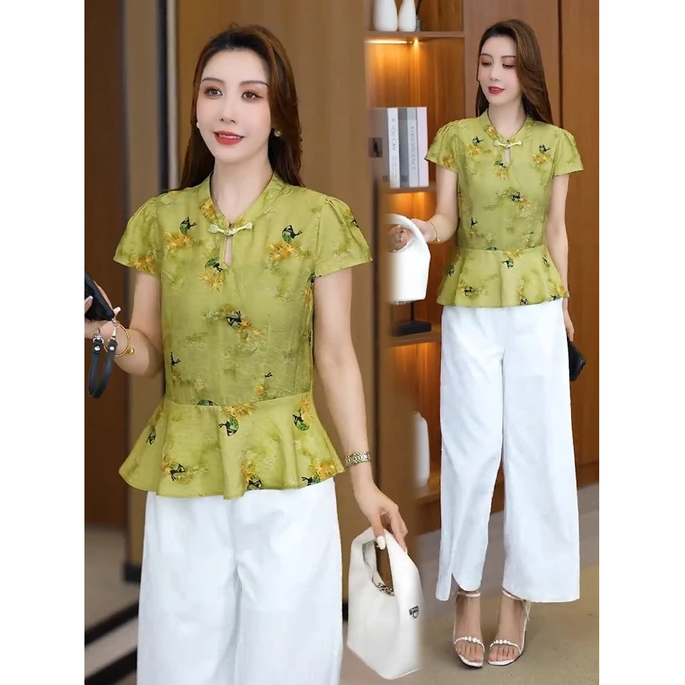 时尚套装女2025夏季新款时髦洋气新中式国风上衣阔腿裤气质两件套