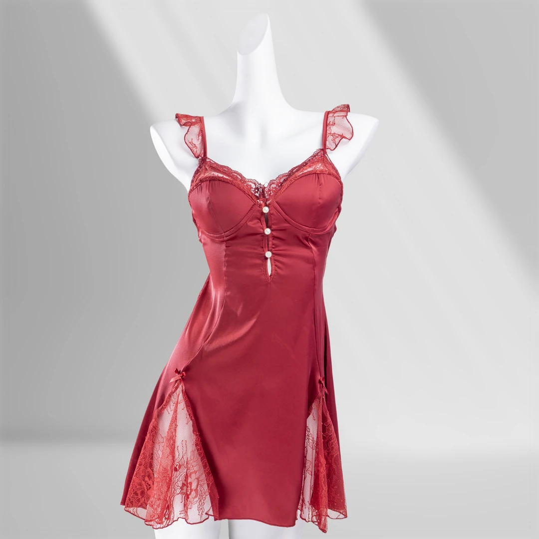 【奢缦魅影】女士春夏缎面拼接蕾丝性感深V胸垫吊带睡裙居家套装