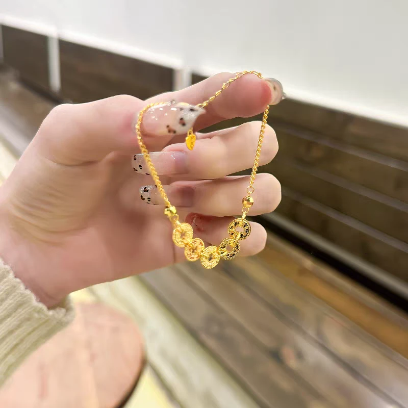 铜合金手链 网红五帝钱小众碎碎冰爆闪铜钱招财手链