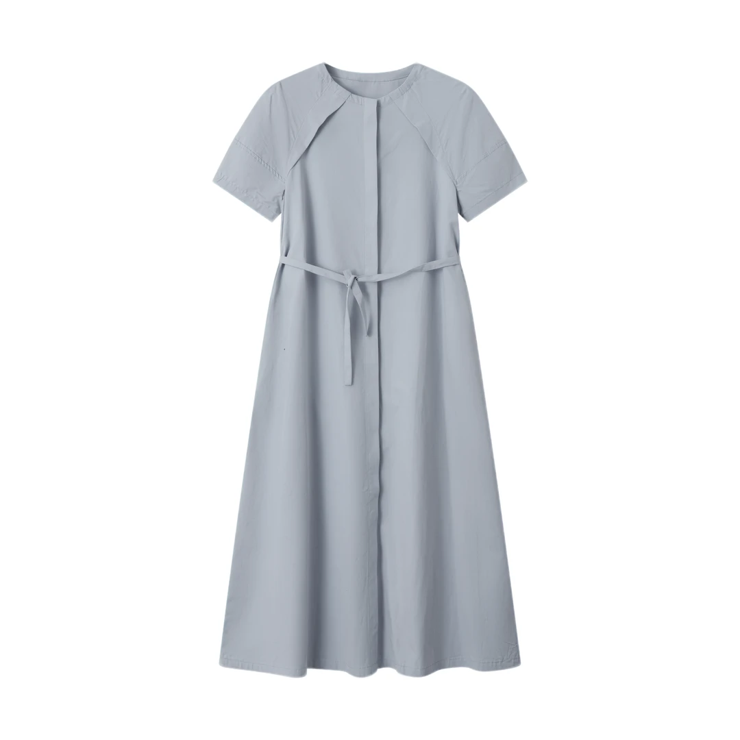 小众设计师新品灰蓝色调性设计感连衣裙&H33020长款系带简约气质