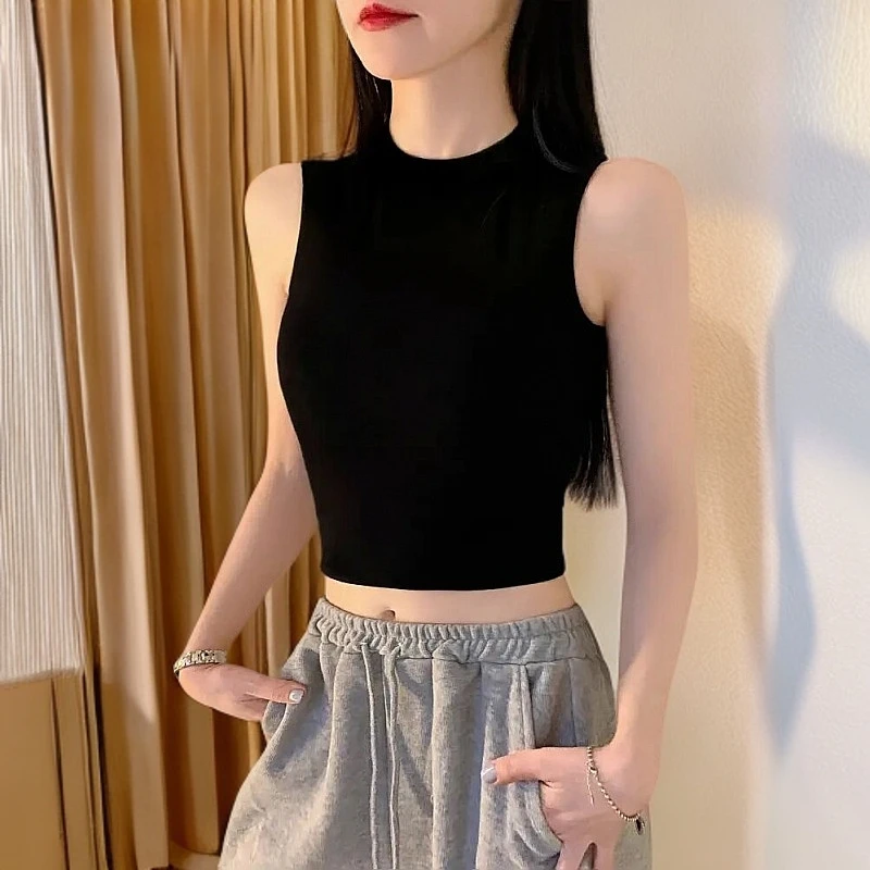 浪莎半高领上背心露脐小吊带内搭女短款别致2025无袖新款黑色