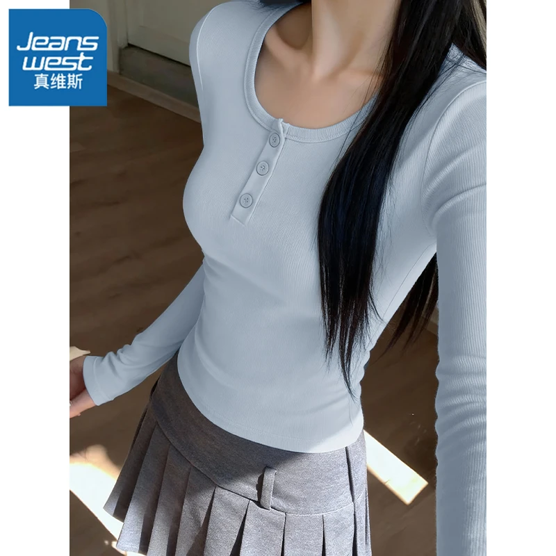 真维斯辣妹正肩亨利领长袖t恤女秋冬新款修身辣妹内搭打底衫上衣